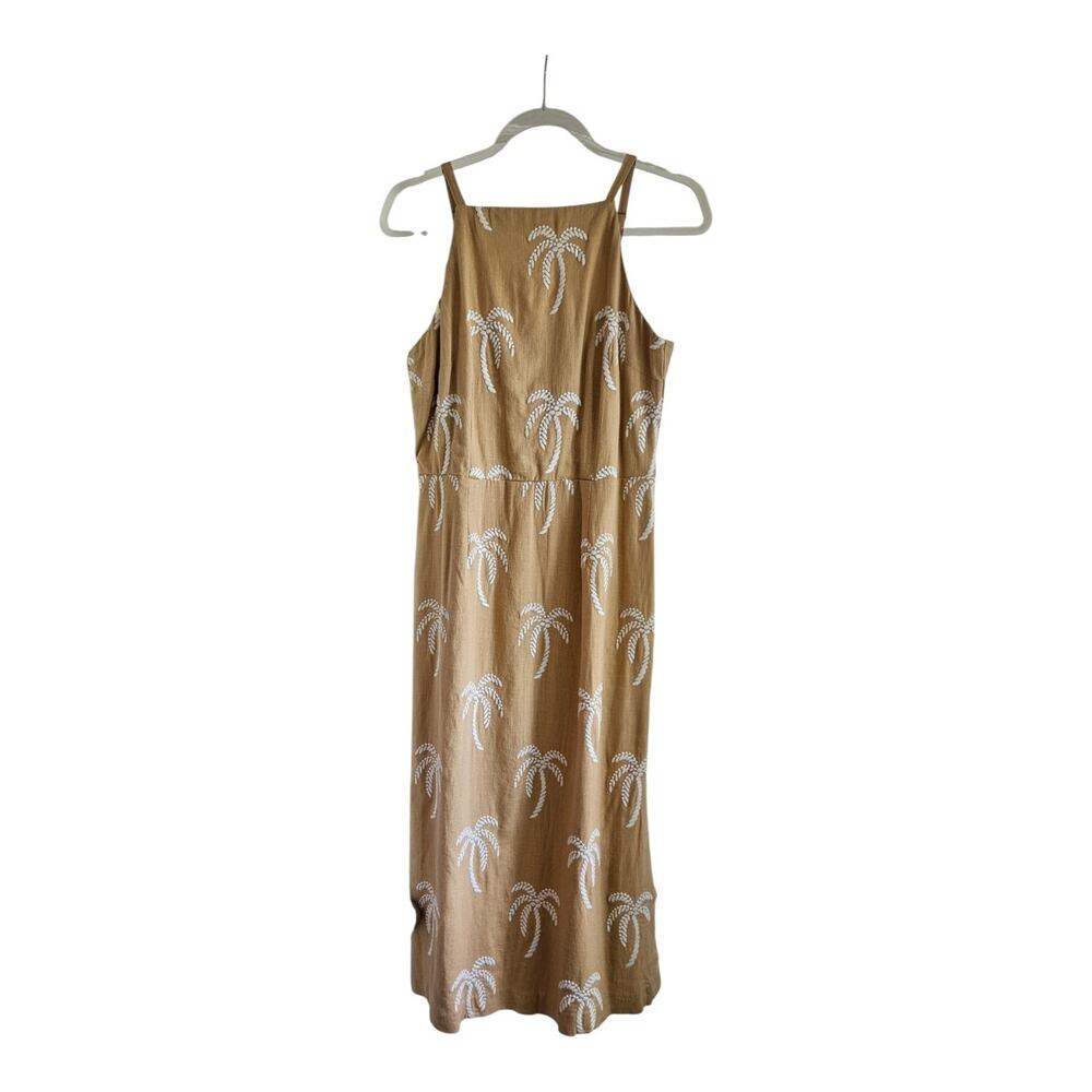 Ann Taylor Dress Size 4 Long Sleeveless Tan Embroiderd Palm Trees Vacation